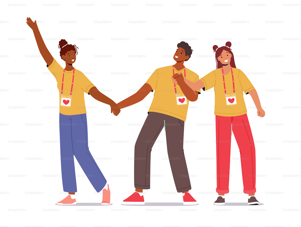 Joyful Volunteers Team Smiling with Hands Up. Happy Group Of Young Male Female Characters with Social Charity or Donation Service Community Badges Rejoice Together. Cartoon People Vector Illustration