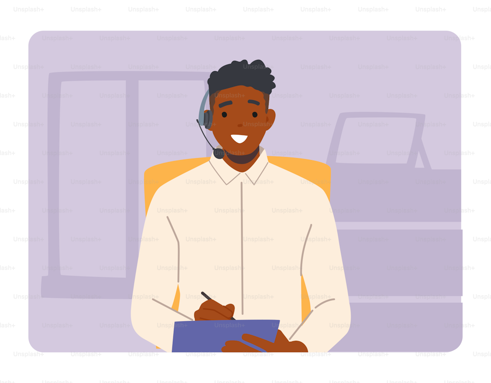 Call Center Technical Receptionist, Customer Support Service Working. Man in Headset Hotline Consultant Character Chatting with Client in Answering Questions. Cartoon People Vector Illustration