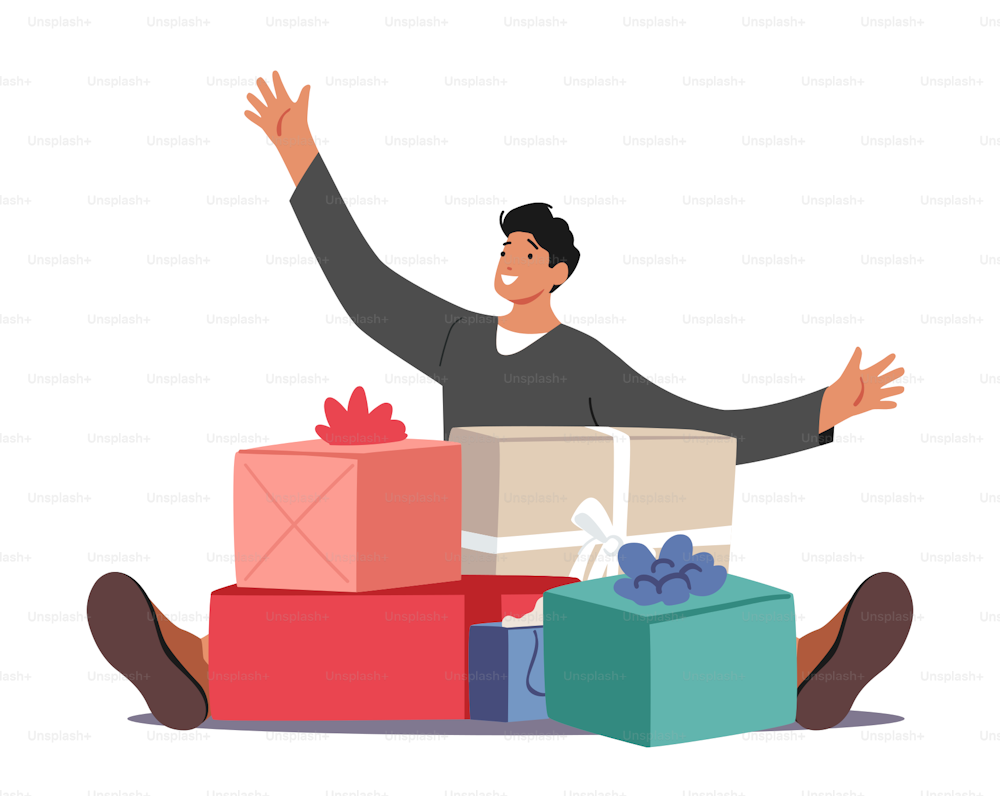 Glücklicher männlicher Charakter, der mit einem Haufen Geschenk auf dem Boden sitzt. Mann mit verpackten Geschenkboxen feiert festliches Ereignis, Feiertage Überraschungskonzept isoliert auf weißem Hintergrund. Cartoon-Vektor-Illustration