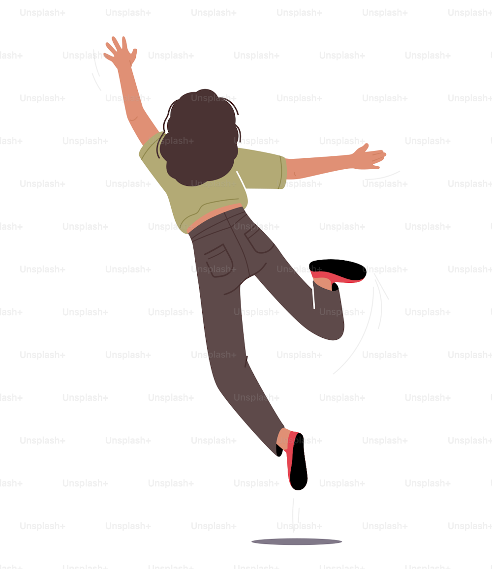 Happy Young Female Character Jumping Rear View. Positive Woman Jump Motion with Waving Hands. Greeting Gesture, Cheerful Girl Excited Emotion Isolated on White Background. Cartoon Vector Illustration
