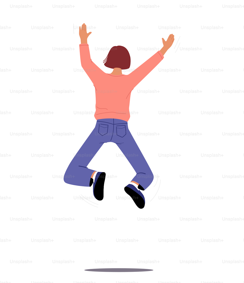 Woman Waving Hands, Jump and Celebrate Success Back View. Female Character with Raised Arms Feel Positive Emotions, Happiness, Victory Isolated on White Background. Cartoon People Vector Illustration