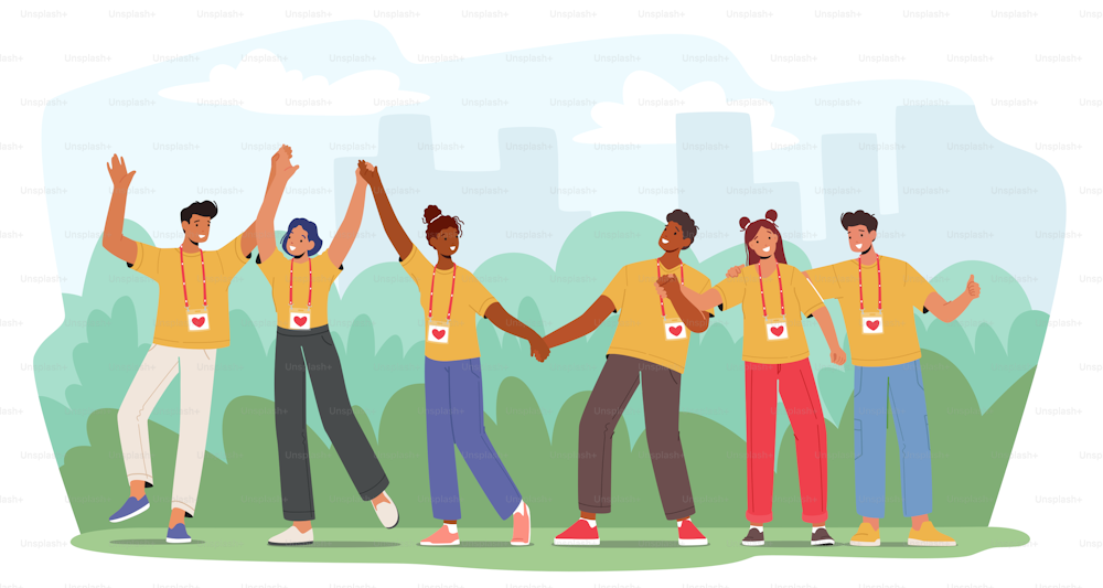 Happy Volunteers Team, Smiling United Men And Women Community Rejoice. Joyful Male and Female Group From Social Charity Service Stand Together with Raised Arms. Cartoon People Vector Illustration