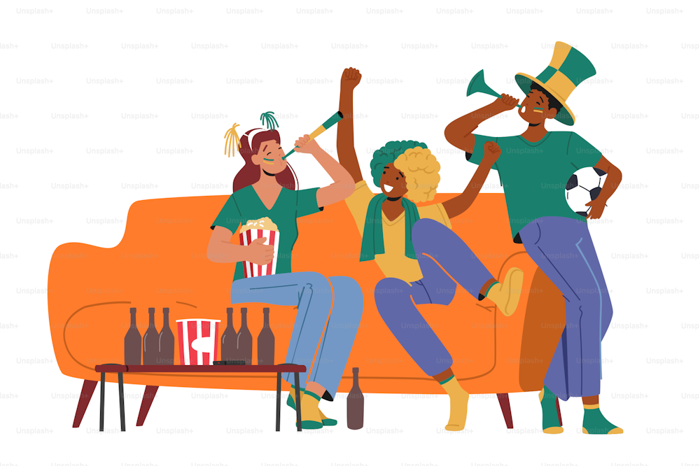 Football Supporter Fans Characters Cheering and Celebrate Watching Match Sitting on Couch at Home. Excited Friends Group with Flag Fun on Sport World Championship. Cartoon People Vector Illustration