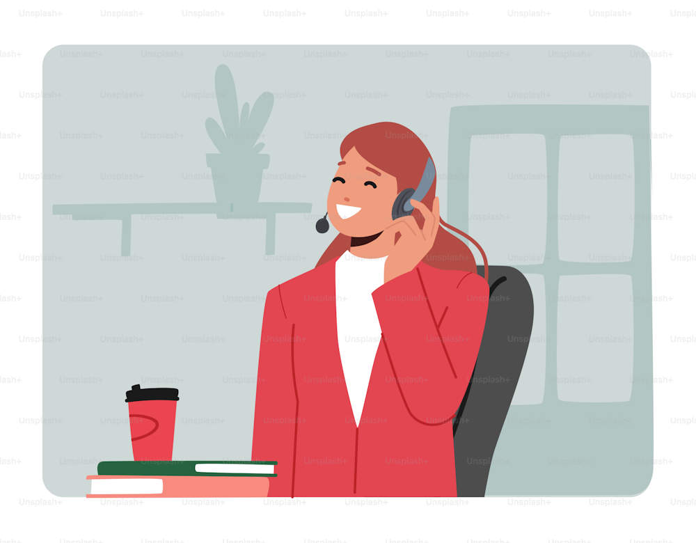 Technical Receptionist Female Character Chat with Clients. Customer Support Service Work. Girl in Headset Hotline Consultant in Call Center Answering Questions Online. Cartoon Vector Illustration