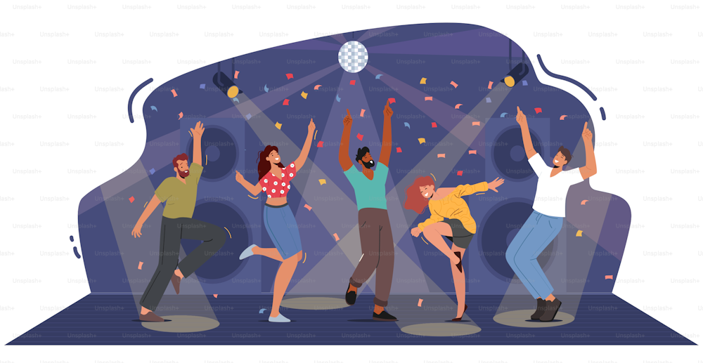 Happy People Clubbing and Dancing Disco at Night Club Floor, Men and Women Characters Dance at Nightclub, Nightlife Event, Music Party under Stroboscope Illumination Light. Cartoon Vector Illustration