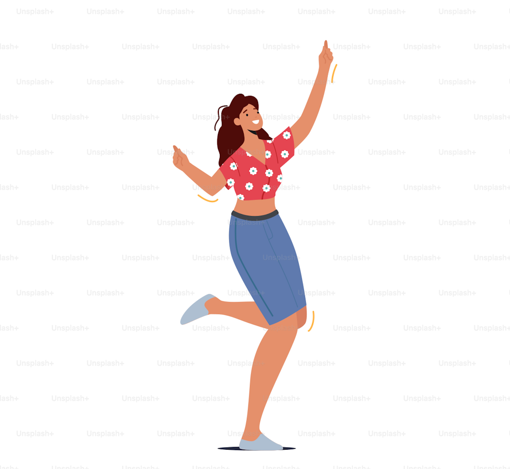 Junges Mädchen im Nachtclub tanzt und springt mit erhobenen Händen isoliert auf weißem Hintergrund. Positiv aufgeregt Frau Spaß, aktive Freizeit, Nachtleben Clubbing Disco Party. Cartoon Menschen Vektor Illustration
