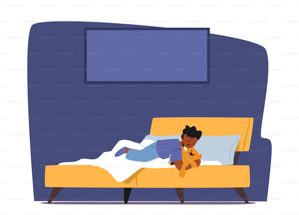 Petit garçon noir porte un pyjama avec un jouet dans les mains dormant sur la vue latérale du lit. Personnage d’enfant allongé dans une pose détendue sur un lieu de couchage confortable dans la chambre à coucher. Illustration vectorielle de personnes de dessins animés