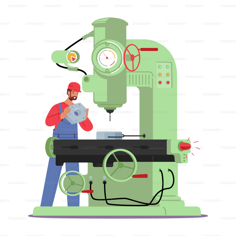 Machine Factory Worker Manufacture Production Process. Industrial Employee Character Working on Plant Produce Details or Mechanical Elements for Machinery Industry. Cartoon People Vector Illustration
