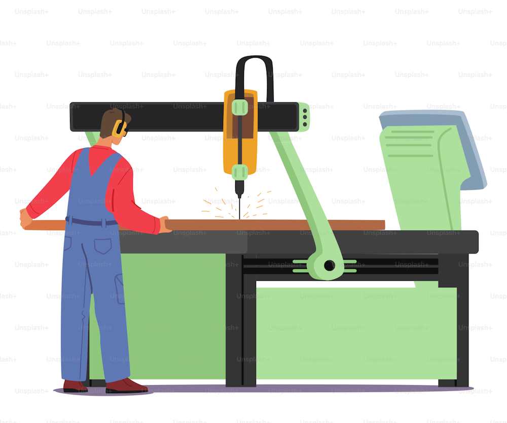 Factory Employee Work on Manufacture Machine, Worker Making , Cutting or Welding Production, Character Working on Plant Produce Details and Mechanical Elements. Cartoon People Vector Illustration