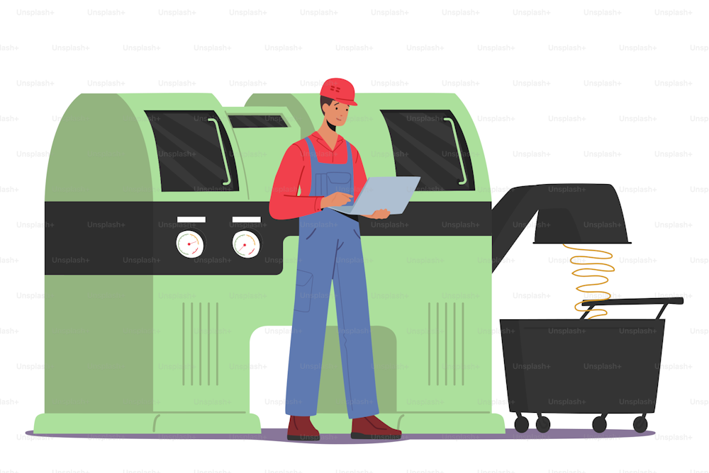 Industry, Machine Factory Production Process with Worker Character on Manufacture. Employee with Laptop Working on Plant Produce Details and Mechanical Elements. Cartoon People Vector Illustration