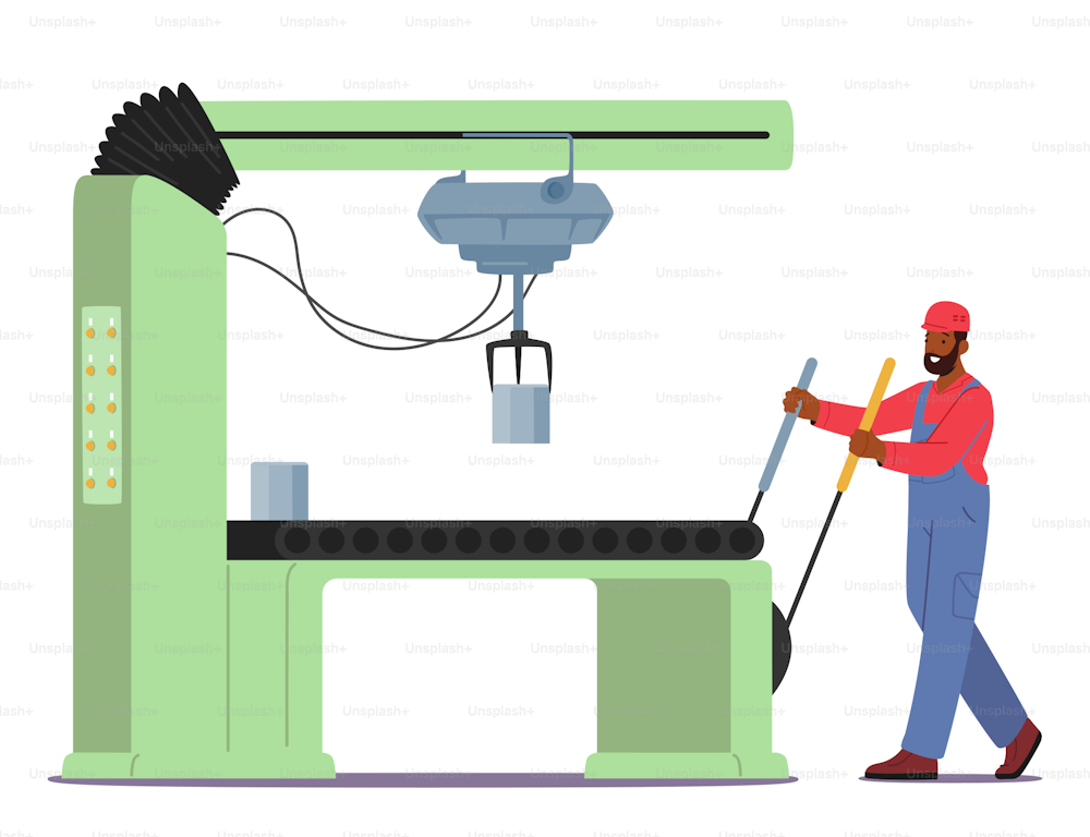 Industrial Production Technological Process, Factory Worker Manage Automated Machine on Manufacture. Industry Employee Character Working on Plant Produce Details. Cartoon People Vector Illustration