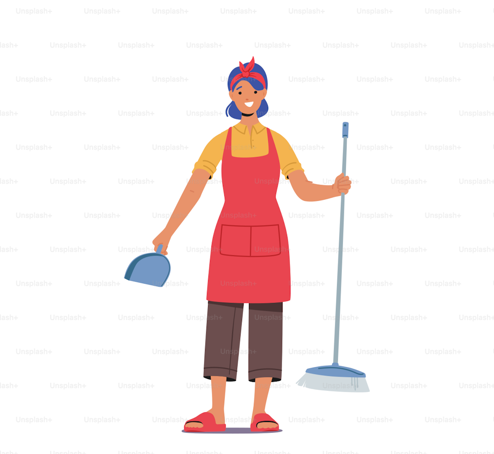Home Routine, Household Duties in Living Room. Young Woman Doing Domestic Work, Cleaning Floor with Brush and Scoop, Every Day or Weekend Chores, Girl Mopping Apartment. Cartoon Vector Illustration
