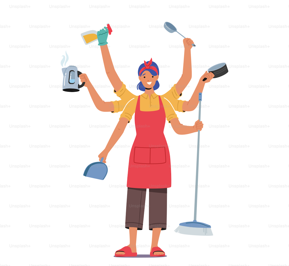 Housewife Character with Many Arms Holding Different Household Supplies Teapot, Scoop, Brush and Detergent with Cooking Pan and Ladle Isolated on White Background. Cartoon People Vector Illustration