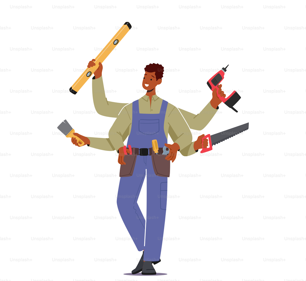 Handyman with Many Arms Holding Different Instruments for Fixing and Maintenance Broken Technics. Man Work Service Employee, Worker, Isolated Master Character. Cartoon People Vector Illustration