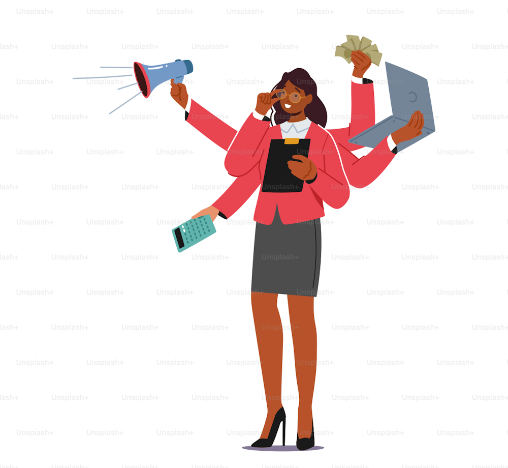 Effective Business Woman Managing Multiple Tasks. Multitasking, Project Time Management, Personal Productivity Concept. Isolated Busy Girl With Many Hands At Work. Cartoon People Vector Illustration