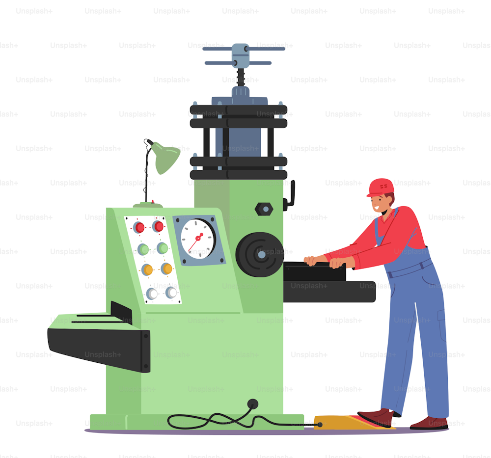 Employee Male Character in Uniform and Hardhat Working on Plant. Machine Factory Worker Manufacture Production Process, Industry, Engineering Technology Concept. Cartoon People Vector Illustration