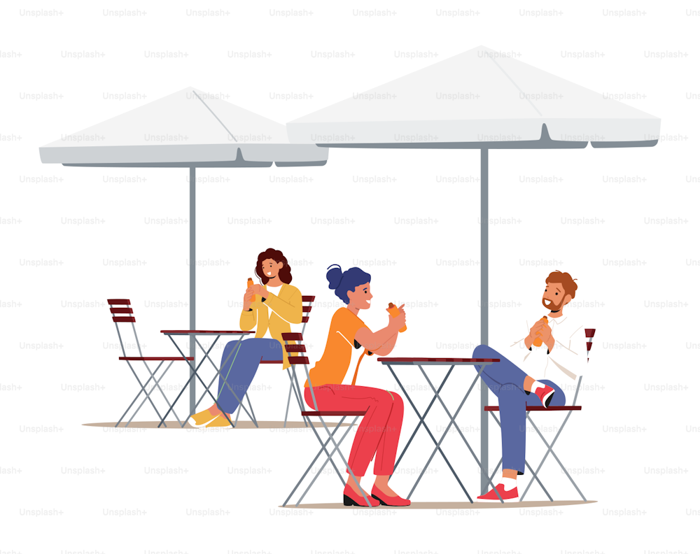 Young People Visiting Outdoor Summer Cafe. People Meeting, Eating Street Food Concept. Male and Female Characters Sitting at Tables, Talking, Eat Hot Dogs under Umbrellas. Cartoon Vector Illustration