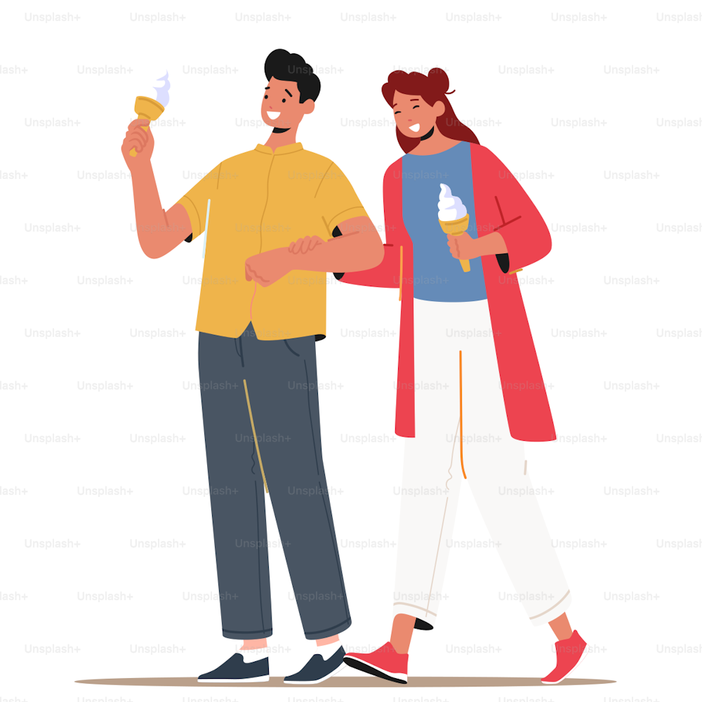 Couple Enjoying Ice Cream, Man And Woman Dating and Walking In Park, Eating Icecream, Holding Hands. Romance, Love, Leisure Concept with Male and Female Characters. Cartoon People Vector Illustration
