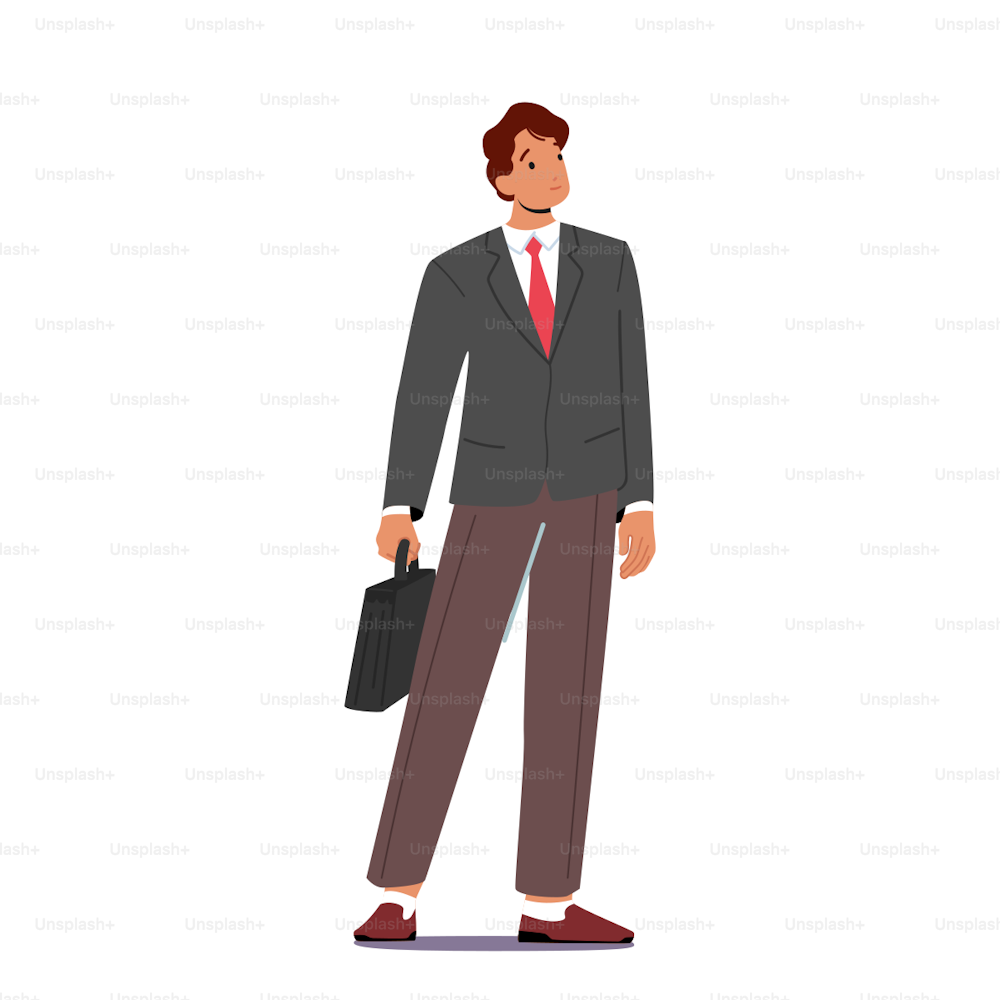 Sonriente hombre de negocios seguro, personaje masculino Vestido traje formal con maletín en mano aislado sobre fondo blanco. Gerente único, empleado o personaje del jefe. Ilustración vectorial de dibujos animados, imágenes prediseñadas
