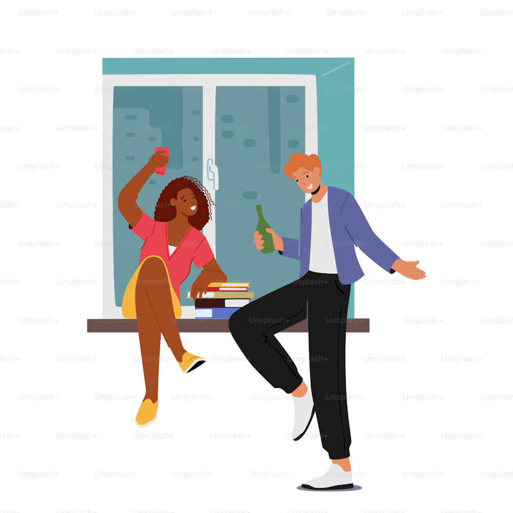Friends Relaxation, Home Party, Recreation. Friends Meeting, Corporate. Young Woman and Man Clink Glasses with Alcohol Drink Have Fun, Celebrate Event. Cartoon People Vector Illustration