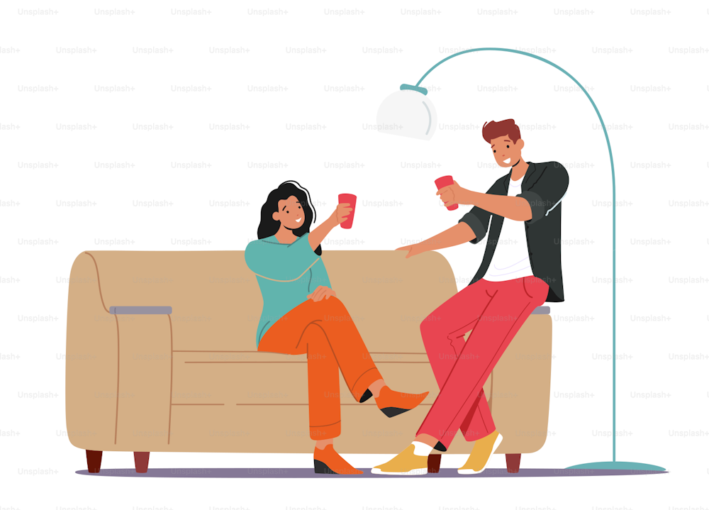 Young Couple Man and Woman Holding Glasses Sit on Couch, Celebrating Holiday Drinking Alcohol Cocktail Flirting and Communicating on Birthday Home Party or Festive Event. Cartoon Vector Illustration