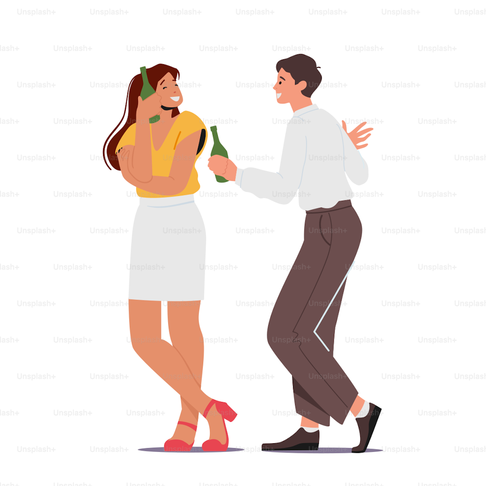 Happy People Drink on Party. Office Workers or Friends with Beer Bottles Joy and Fun. Cheerful Corporate Employees Young Male and Female Hipster Characters Clinking. Cartoon Vector Illustration