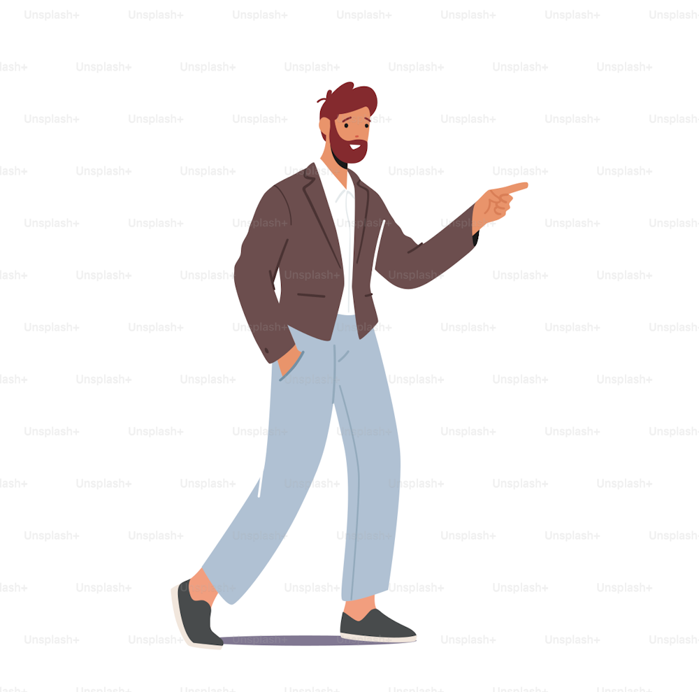 Male Character Wear Blue Jeans and Blazer Walk with Pointing Finger Isolated on White Background. Positive Man, Millenial Attractive Person Gesturing with Hand. Cartoon People Vector Illustration