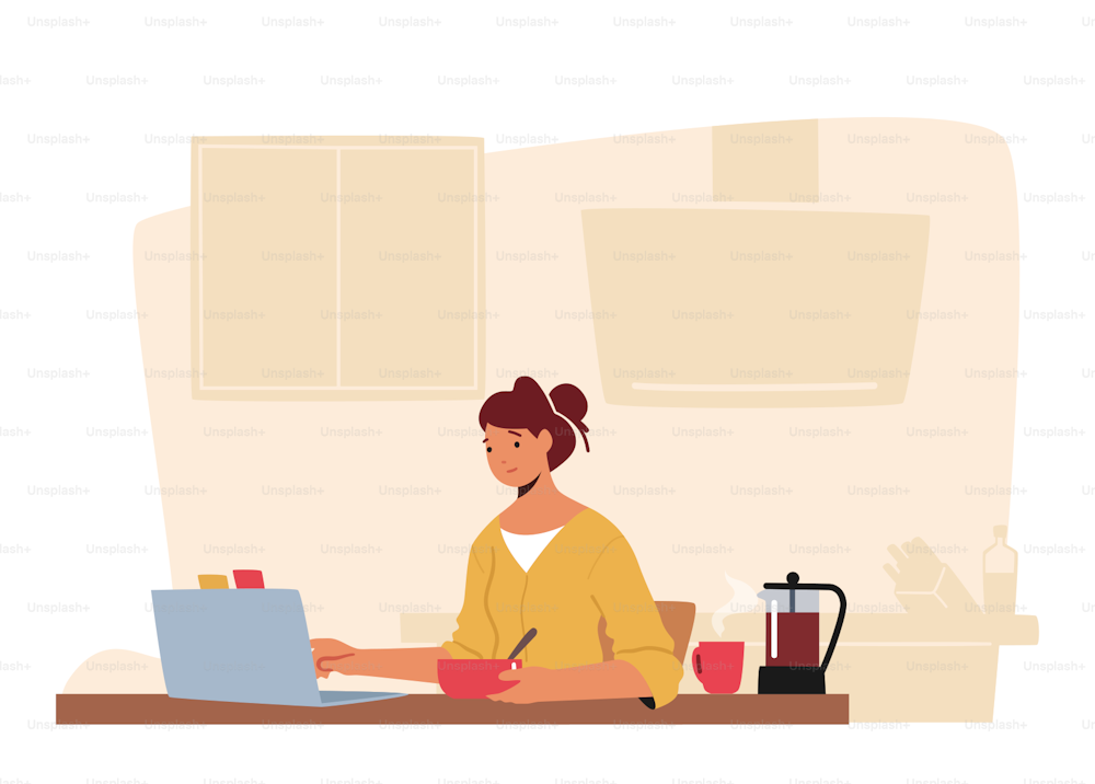 Freelance Occupation, Online Job Concept. Relaxed Woman Freelancer Working on Laptop Sitting at Desk with Coffee Cup Thinking of Tasks. Outsourced Employee Working. Cartoon Vector Illustration