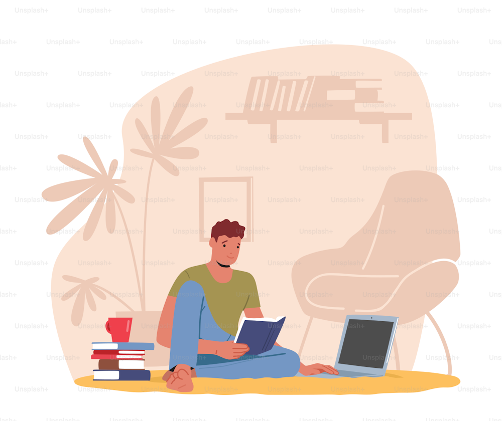 Remote Freelance Work, Homeworking Place Concept. Man Freelancer Sit on Floor with Coffee Cup and Pile of Books Working or Studying on Laptop, Character Work at Home. Cartoon Vector Illustration