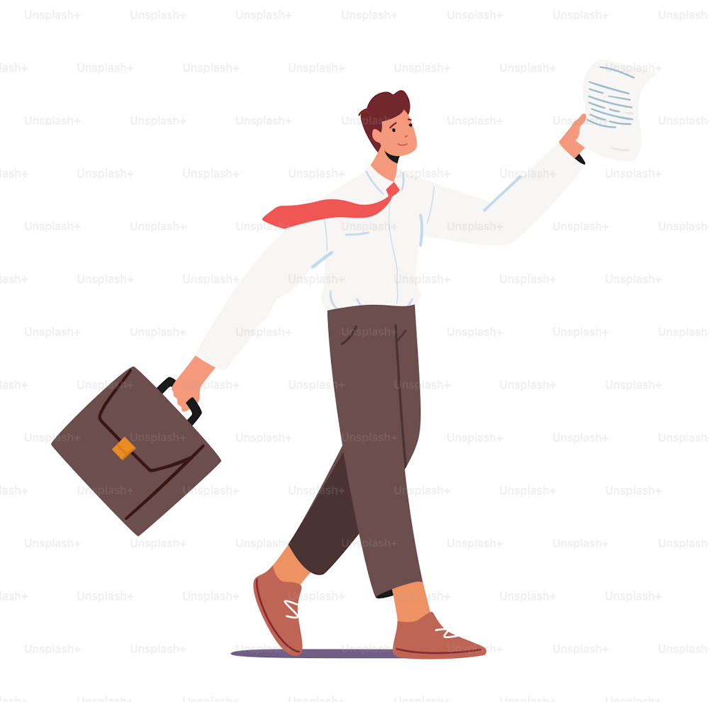 Business Man Walk in Formal Suit, White Shirt and Tie with Briefcase and Document in Hands. Male Character Manager, Boss or Clerk in Formal Clothes. Cartoon People Vector Illustration