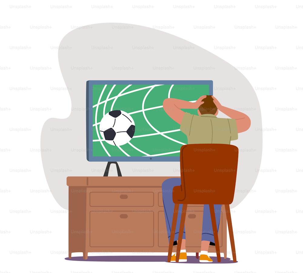 Aficionado viendo partido de fútbol en la televisión sosteniendo la cabeza debido al gol. Aficionado de fútbol de carácter masculino sentado en el sofá de la vista trasera de casa. Hombre emocionado animando al equipo. Ilustración vectorial de Cartoon People