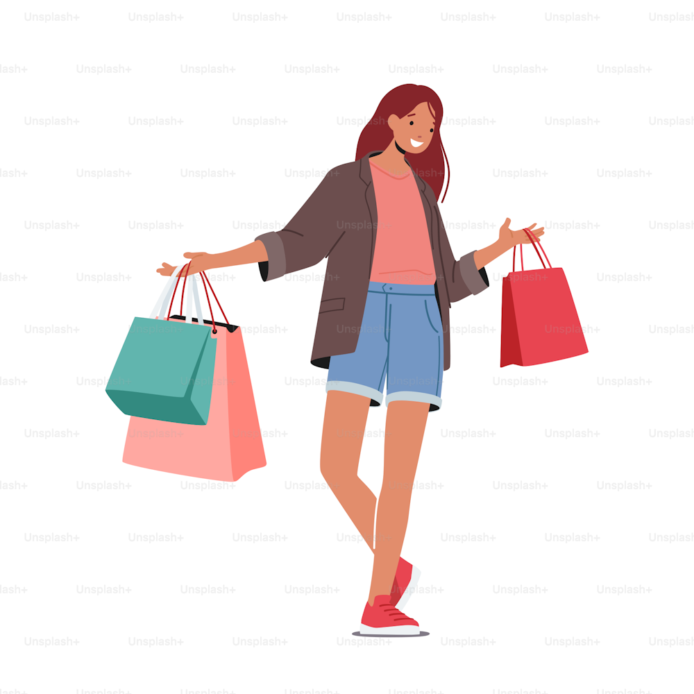 Cheerful Shopaholic Girl with Purchases in Colorful Paper Bags. Happy Stylish Woman Holding Shopping Packages. Female Buyer Having Fun during Seasonal Sale, Discount Offer. Cartoon Vector Illustration