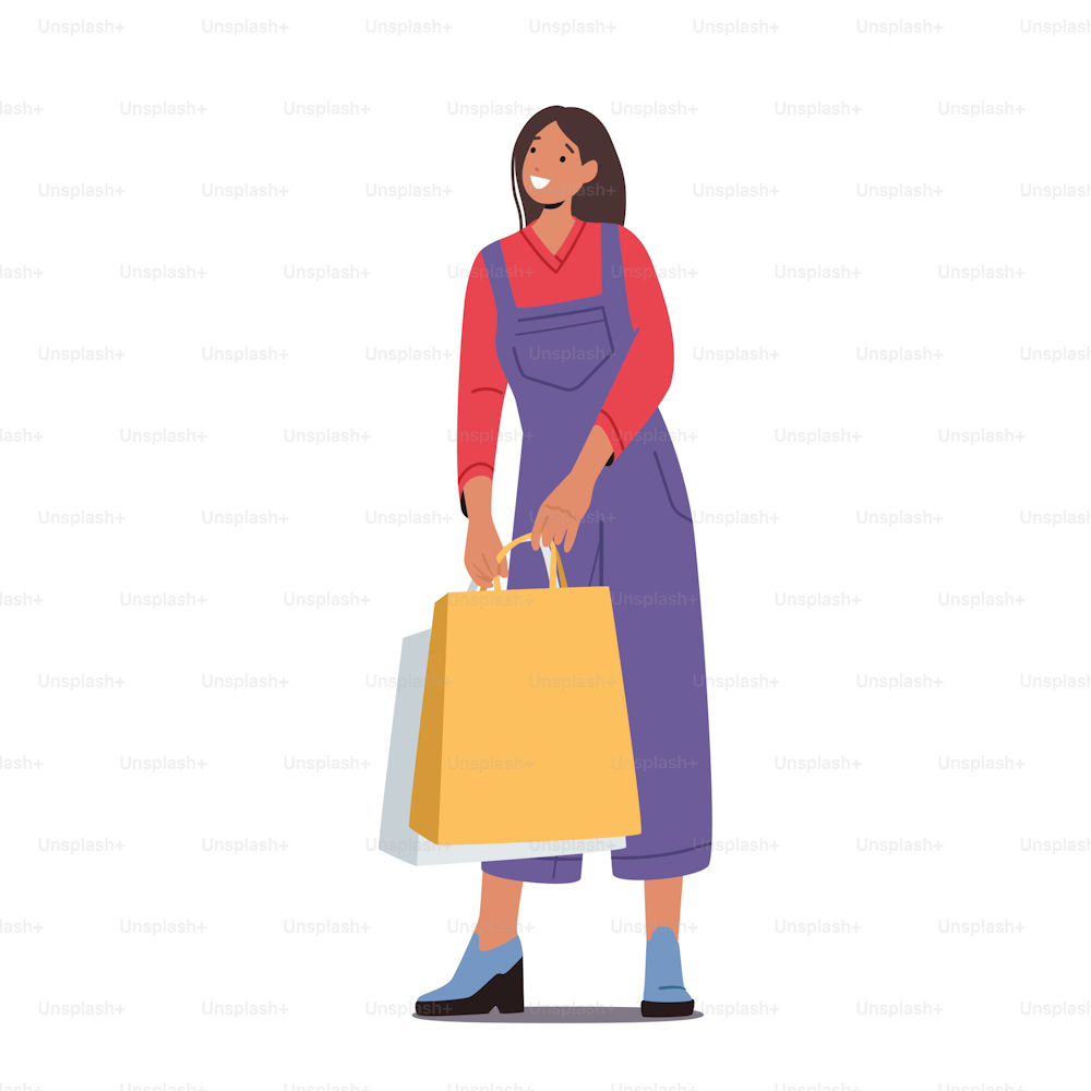 Seasonal Sale, Discount Concept with Young Stylish Woman Holding Colorful Shopping Bags. Trendy Female Character Having Fun While Doing Shopping. Shopaholic with Packs. Cartoon Vector Illustration