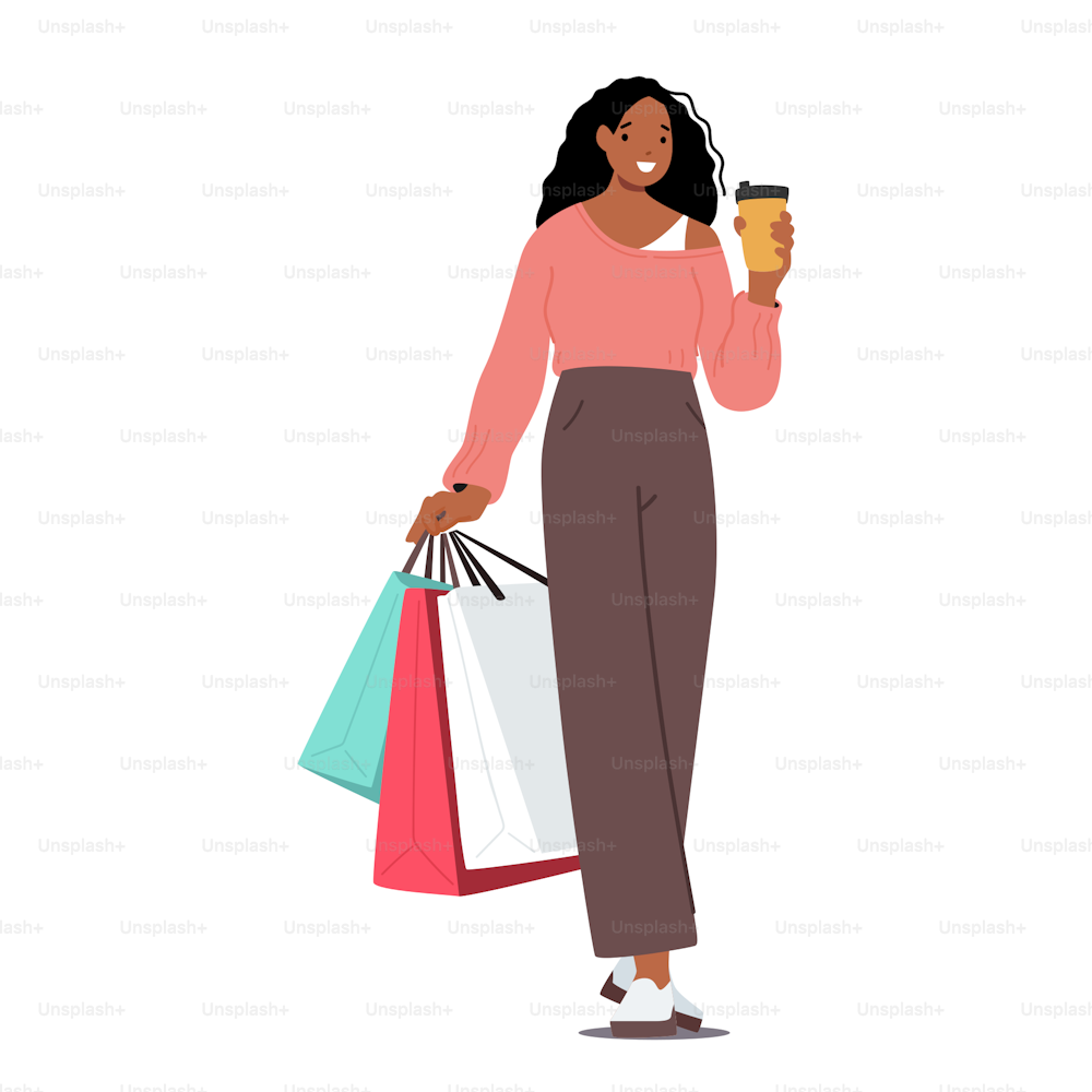 Black Shopaholic Girl with Coffee Cup and Purchases in Colorful Paper Bags. Stylish African American Woman Holding Shopping Packages Shopping Recreation, Sale, Discount. Cartoon Vector Illustration