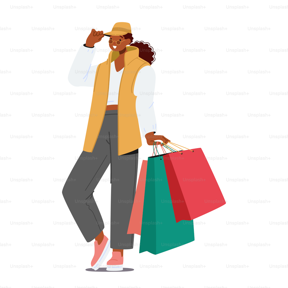 Trendy Shopaholic Girl Wear Fashionable Clothes Holding Purchases in Paper Packs. Young Caucasian Woman Holding Colorful Shopping Bags. Female Character Shopping Fun. Cartoon Vector Illustration