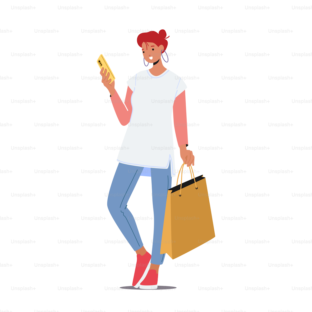 Young Caucasian Woman Holding Colorful Shopping Bags Reading Message on Smartphone. Stylish Female Character Shopping Fun, Seasonal Sale, Shopaholic with Purchases. Cartoon Vector Illustration