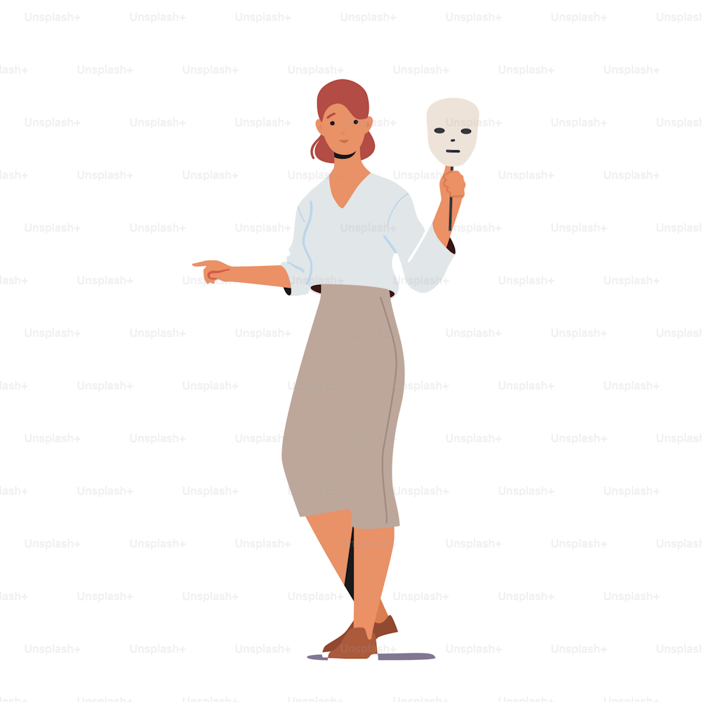 Fake Feelings, Impostor Syndrome, Hypocrisy Concept. Sad Female Character Hide Real Emotions Under Mask. Woman Hiding Emotions due to Social Norms and Community Pressure. Cartoon Vector Illustration