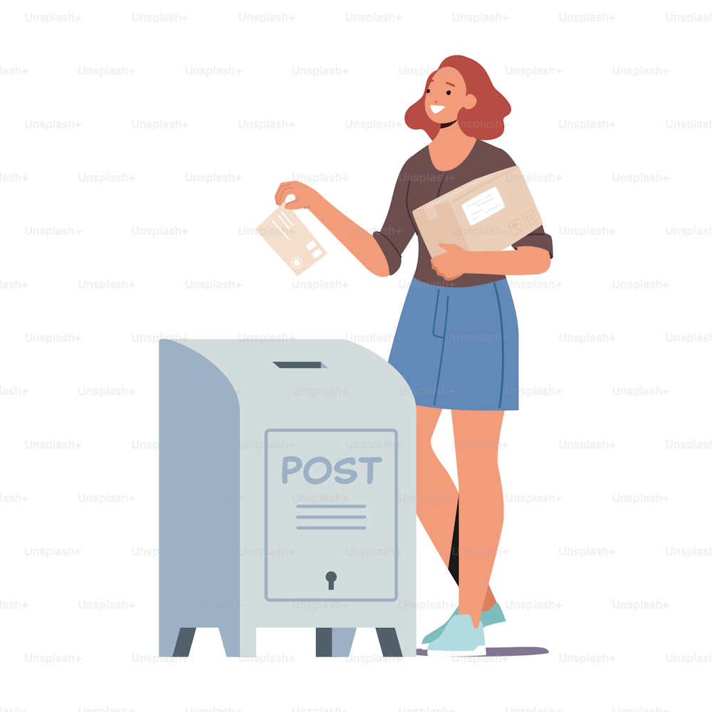 Girl With Envelope and Box At Post Office. Young Woman Character Send Letter Throwing Card Into Mail Box. Postal Service Delivery And Shipment At Outdoor Mailbox. Cartoon People Vector Illustration