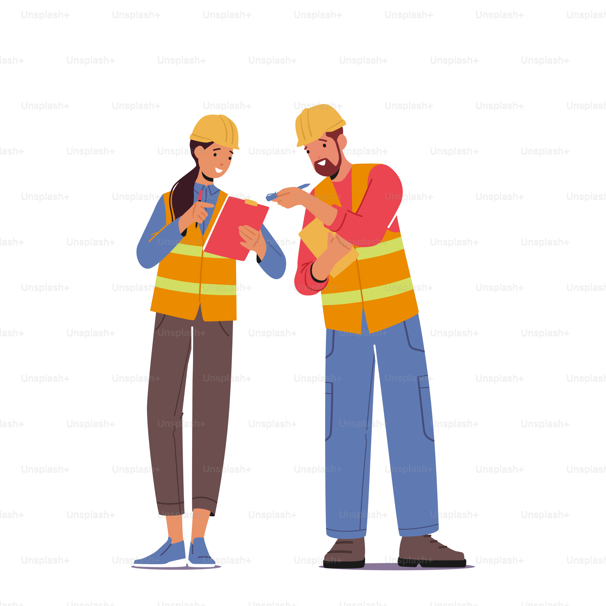 Male and Female Characters Wear Orange Vest and Hardhat with Clipboard.  Warehouse Employees, Builder, Engineer, Architect or Constructor Man and  Woman Working on Project. Cartoon Vector Illustration vector – Architecture  Image on, image size:3000x3000