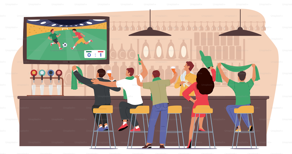 Aficionados al fútbol viendo partidos en la televisión sentados en sillas altas en la vista trasera del club nocturno. La gente emocionada con cerveza y bufanda anima al equipo favorito. Personajes de aficionados al fútbol. Ilustración vectorial de dibujos animados