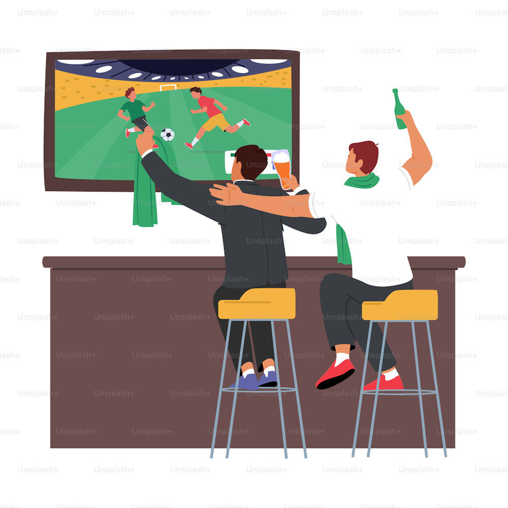 Fanáticos del fútbol viendo partidos, personajes masculinos fanáticos del fútbol animando al equipo favorito en la televisión sentados en sillas de bar vista trasera. Hombres emocionados gritando con cerveza. Ilustración vectorial de Cartoon People