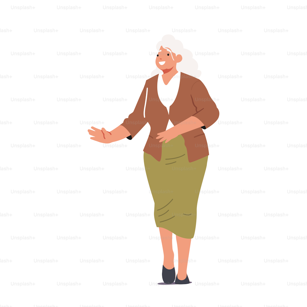 Single Senior Female Character Wear Blouse and Skirt Isolated on White Background. Mature Positive Grandmother, Aged Happy Person. Woman Stages of Growth. Cartoon People Vector Illustration