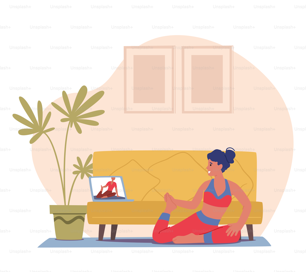 Woman Sport Activity at Home with Online Instructor. Female Character Watching r Fitness, Yoga or Aerobic Exercises on Laptop. Training, Healthy Life. Cartoon People Vector Illustration