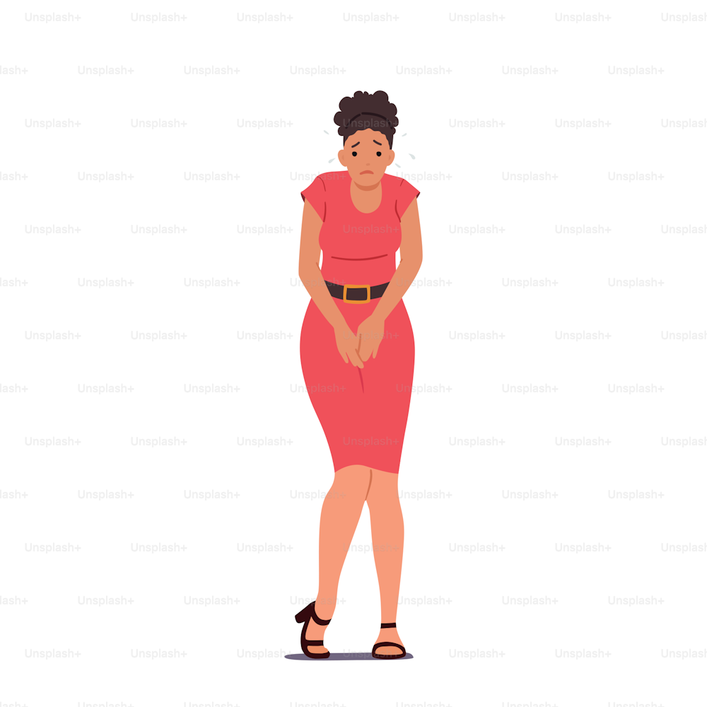 Girl Urgently Need To Pee Or Poop. Unhappy Female Character Wait Public Toilet Cubicle Get Free. Problem With Urination, Woman Rushing To Go To Restroom or Lavatory. Cartoon People Vector Illustration
