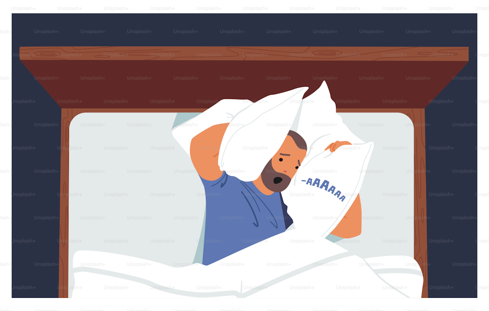 Male Character Suffer of Insomnia due to Snore or Loud Noise in Night Room. Anxious Man Cover Ears with Pillows Lying in Bed at Sleeping Time. Cartoon People Vector Illustration