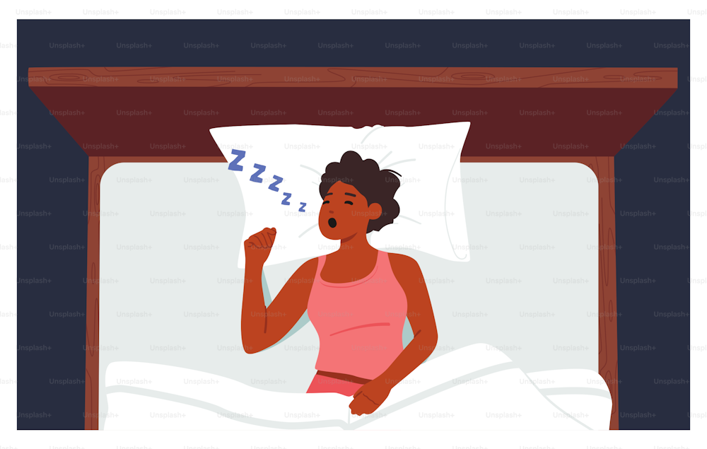 Sleep Apnea, Snoring, Fast Asleep Concept. Young Woman Lying In Bed Loudly Snore With Open Mouth While Deep Sleep. Female Person Catching Some Zzz's during Bedtime at Night. Vector Illustration