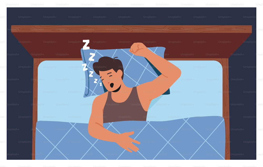 Snoring Young Man Lying In Bed Top[ View, Male Character Loudly Snore With Open Mouth While Deep Sleep. Person Catching Some Zzz's, Sleep Apnea, Snoring, Fast Asleep Concept. Vector Illustration