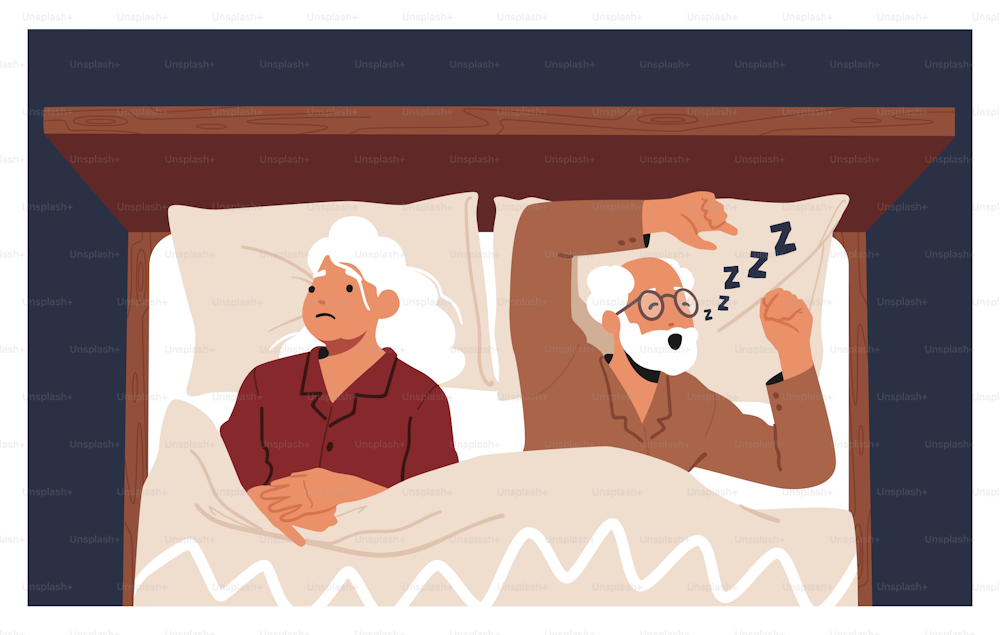 Senior Woman Suffering of Husband Snoring. Old Male Character Snore at Night Sleep. Breathing Apnea Disease, Noise Pollution, Asleep Unhappy Lady in Bed. Cartoon People Vector Illustration