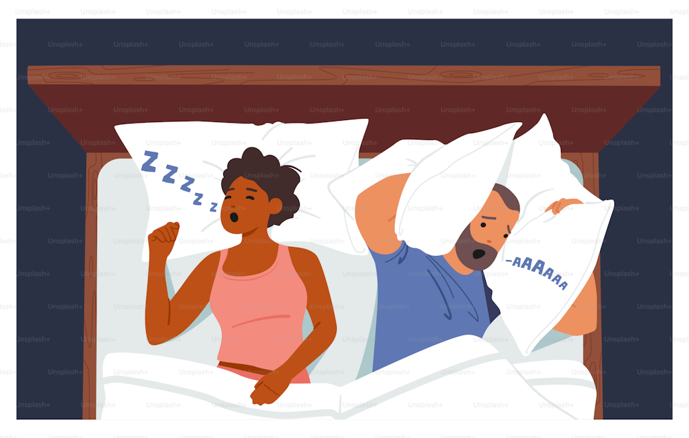 Snore Disease, Breathing Health Disorder, Annoyance Concept. Male Character Suffer of Wife Snoring Covering Ears with Pillows, Couple Lying in Bed. Cartoon People Vector Illustration