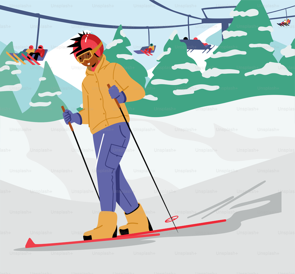 산악 리조트에서 스키를 타는 십대 소년. 따뜻한 스포츠 의상, 헬멧, 고글을 착용한 어린이가 스키 활강 코스로 내리막길을 걷고 있다. 겨울 스포츠, 야외 레저, 활동적인 여가 시간. 만화 벡터 일러스트레이션